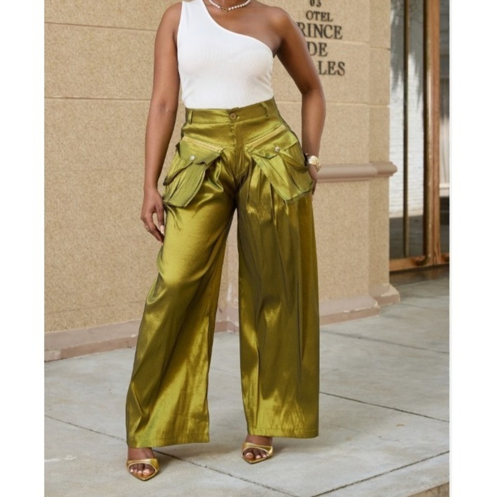 Green Iridescent Wide Leg Cargo Pant Avant Garde Women XXL Street Party
